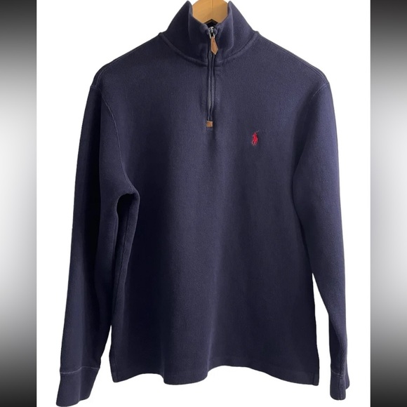 Polo Ralph Lauren 1/4 Zip Sweater Men’s Sz M Navy Blue Pullover Red Pony VTG 90s